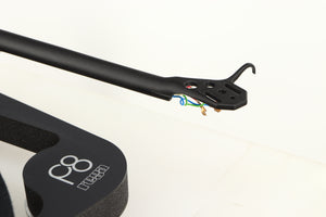 Close up of a used Rega Planar 8 Turntable (No Cartridge) in a black finish showing connectors