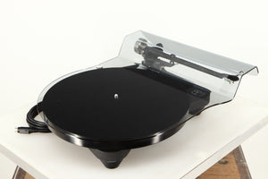 Front left angle of a used Rega Planar 8 Turntable (No Cartridge) in a black finish showing Lid