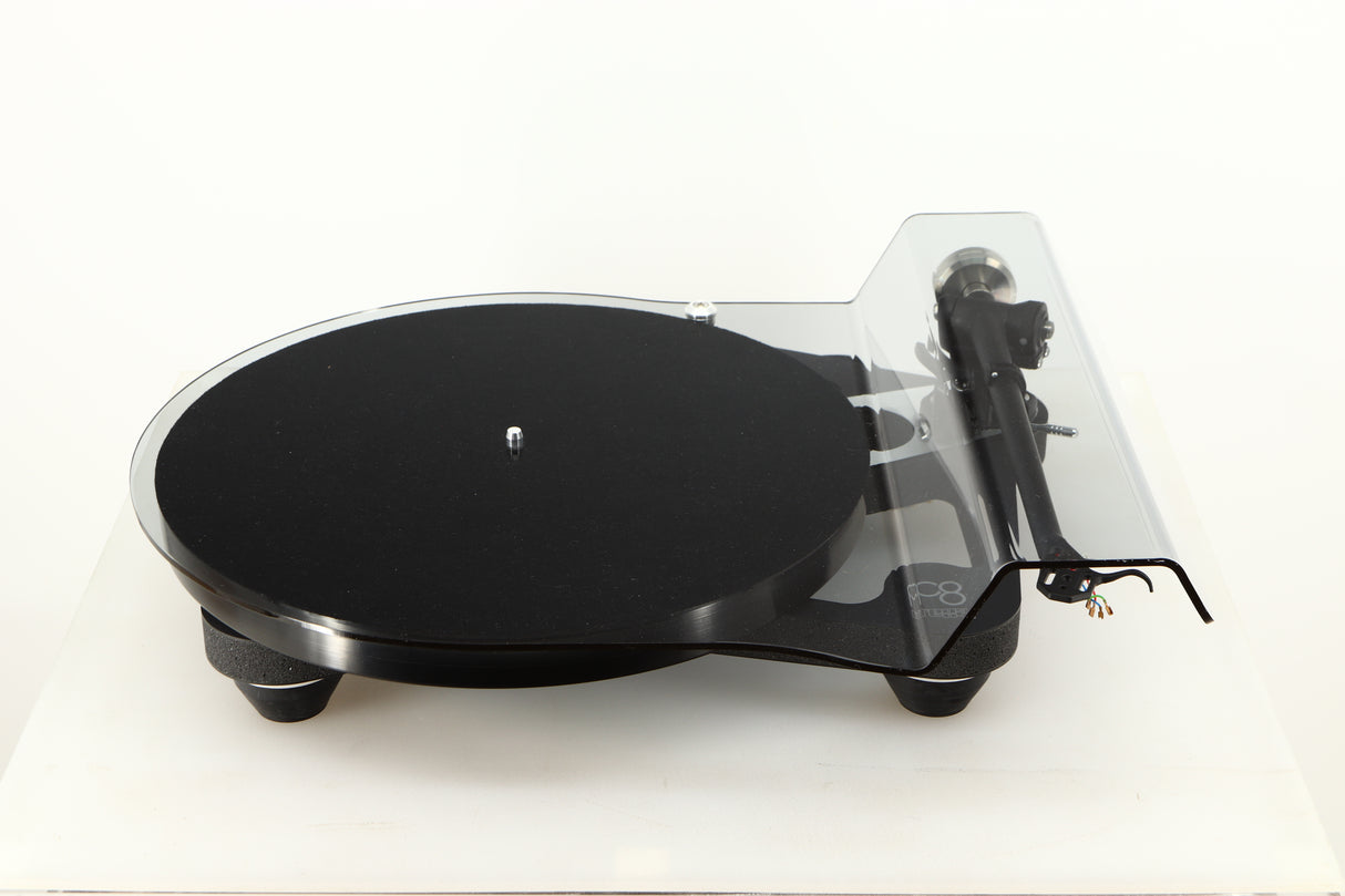 Front view of a used Rega Planar 8 Turntable (No Cartridge) in a black finish showing Lid