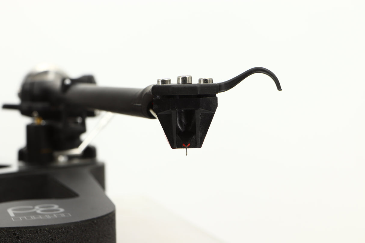 Close up view of a used Rega Planar 8 Turntable in Black finish with an Ania Pro Cartridge