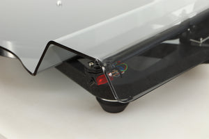 Front right corner view of a used Rega Planar 8 Turntable in Black finish with an Ania Pro Cartridge