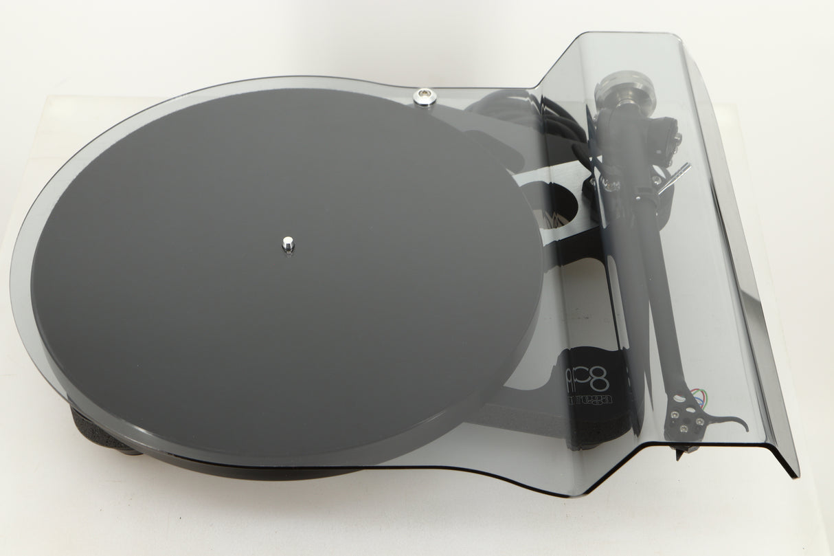 Top view of a used Rega Planar 8 Turntable in Black finish with an Ania Pro Cartridge