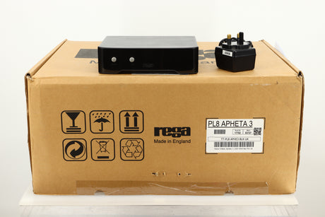 Box of a used Rega Planar 8 Turntable with Apheta 3 MC Cartridge in Black finish showing PSU and Mains Cable 