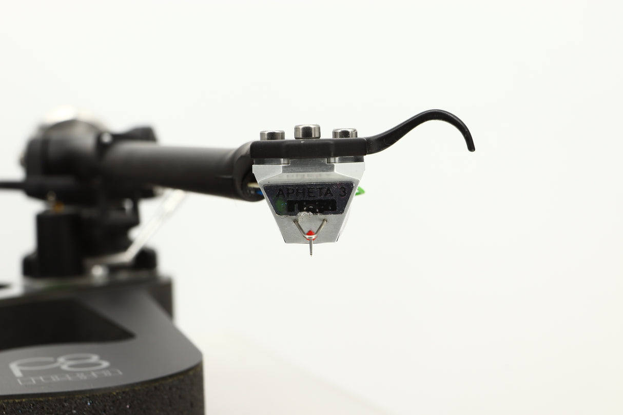 Close up view of a used Rega Planar 8 Turntable with Apheta 3 MC Cartridge in Black finish 