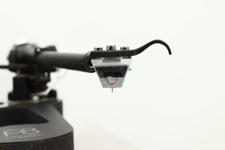 Close up view of a used Rega Planar 8 Turntable with Apheta 3 MC Cartridge in Black finish 