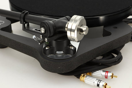 Rear left corner view of a used Rega Planar 8 Turntable with Apheta 3 MC Cartridge in Black finish 