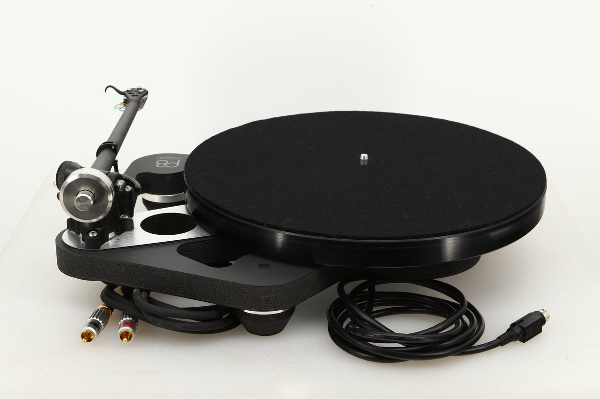 Rear view of a used Rega Planar 8 Turntable with Apheta 3 MC Cartridge in Black finish 