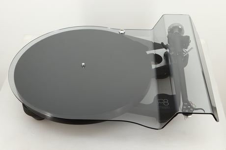 Top view of a used Rega Planar 8 Turntable with Apheta 3 MC Cartridge in Black finish with dustcover