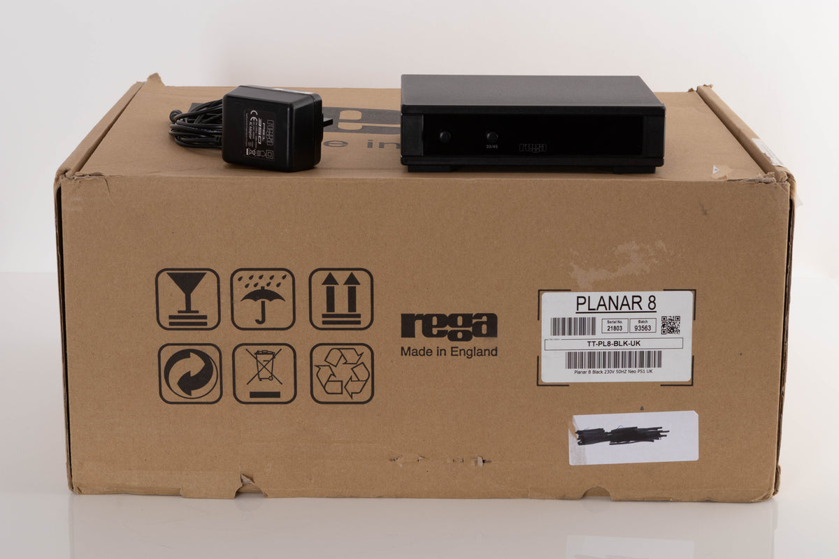 Box of a used Rega Planar 8 Turntable with Hana ML Cartridge with mains cable, and TTPSU
