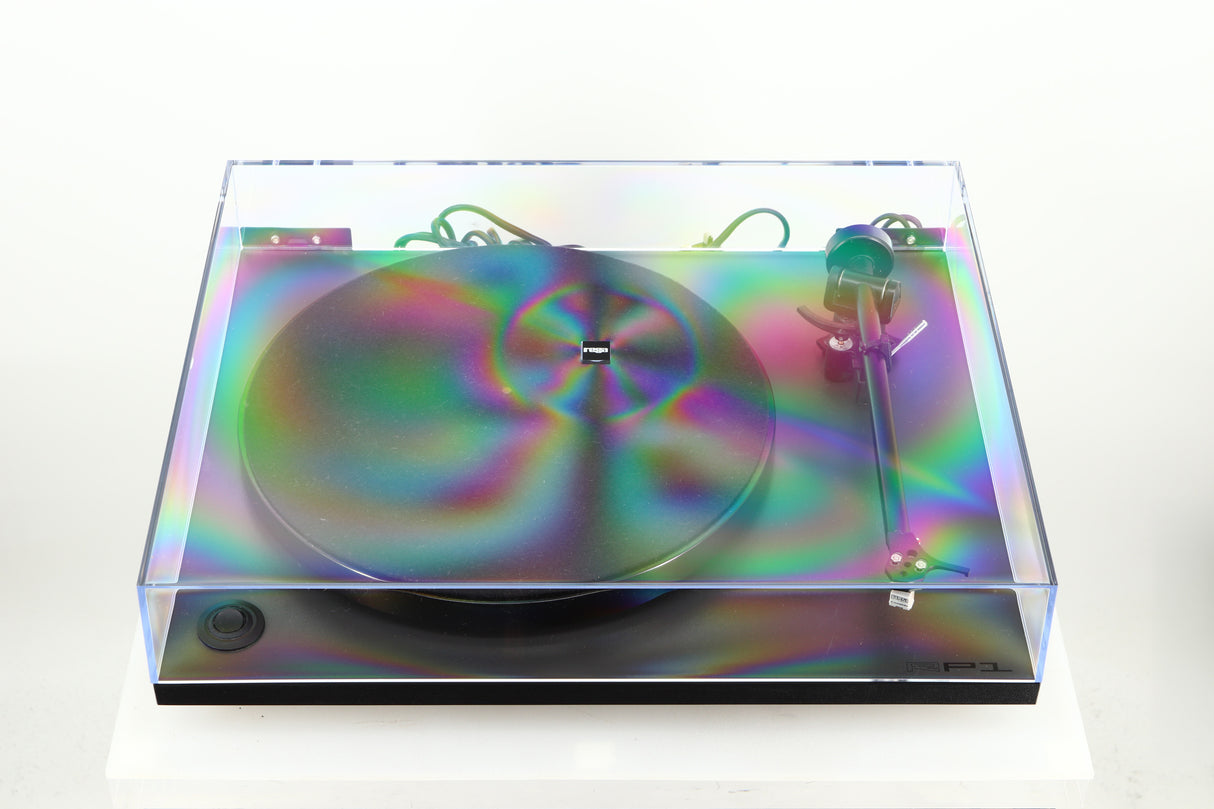 Top view of a used Rega Planar RP1 Turntable in a cool grey finish showing the lid