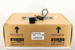 Box for a used Rega Planar 3 Turntable / Exact Cartridge in a black finish showing PSU