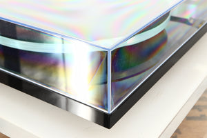 Front left corner of a used Rega Planar 3 Turntable / Exact Cartridge in a black finish
