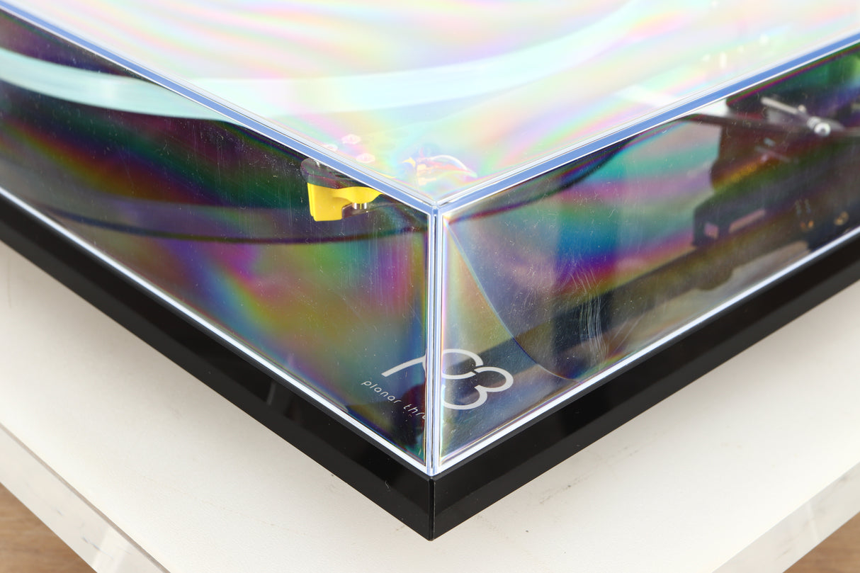 Front right corner of a used Rega Planar 3 Turntable / Exact Cartridge in a black finish