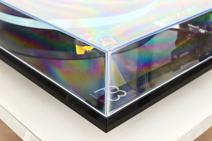 Front right corner of a used Rega Planar 3 Turntable / Exact Cartridge in a black finish