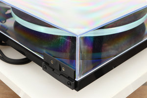 Rear left corner of a used Rega Planar 3 Turntable / Exact Cartridge in a black finish