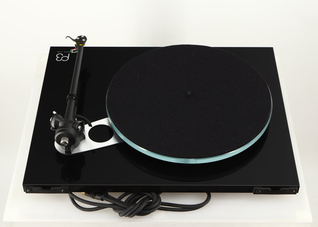 Rear view of a used Rega Planar 3 Turntable / Exact Cartridge in a black finish