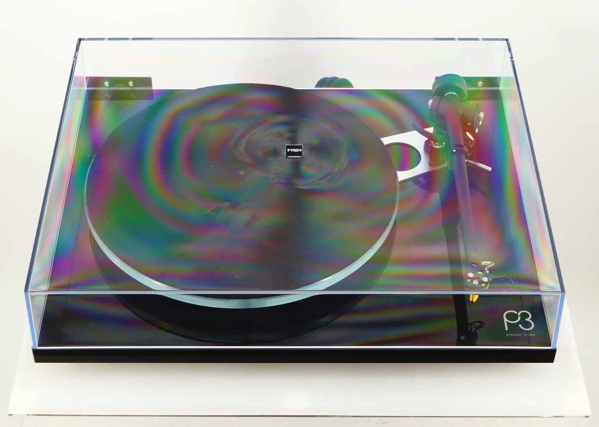 Front view of a used Rega Planar 3 Turntable / Exact Cartridge in a black finish showing lid