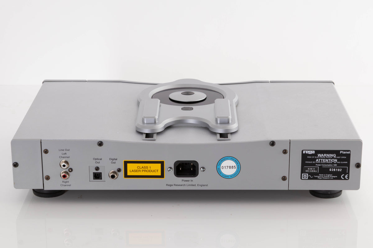 Rear view of a used Rega Planet CD Player in a Silver finish showing Mains Input, Digital Output, Optical Output and Phono Outputs