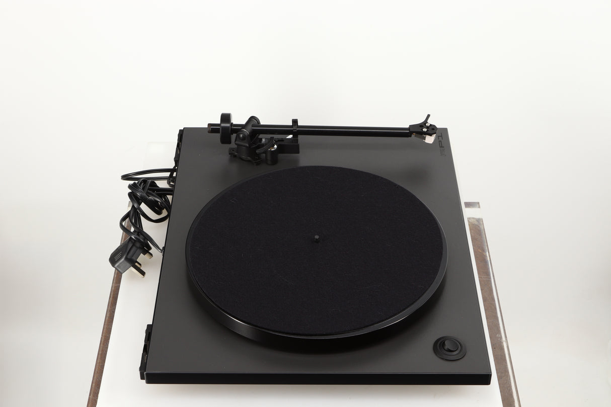 Left side view of a used Rega RP1 Turntable in a cool grey finish