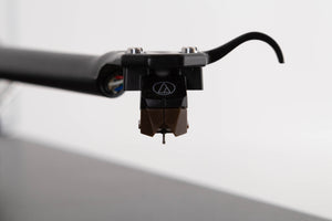Close up view of a used Rega RP3 Turntable in Cool Grey with AT-VM95SH Cartridge