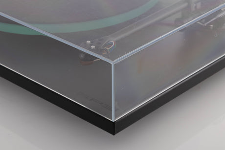 Front right corner view of a used Rega RP3 Turntable in Cool Grey with AT-VM95SH Cartridge
