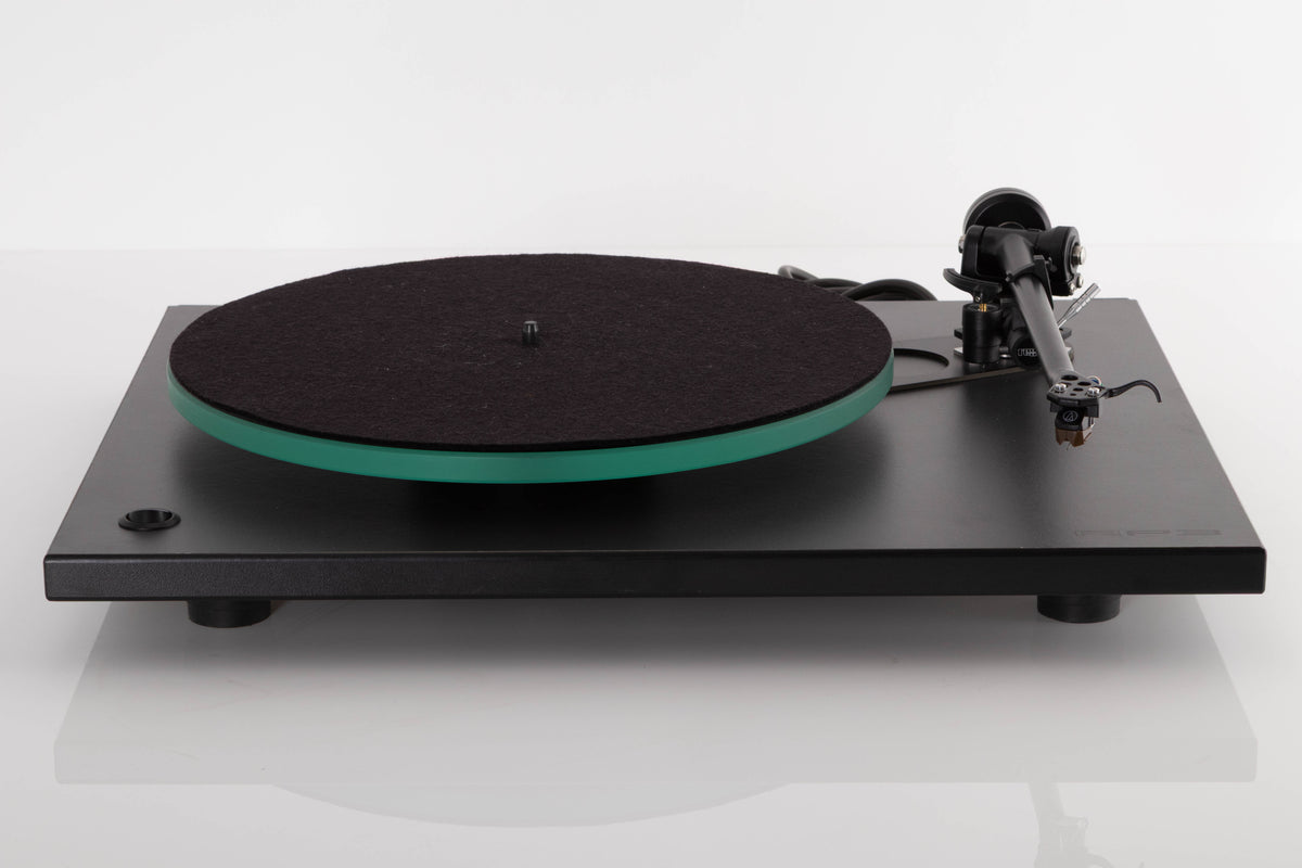 Front view of a used Rega RP3 Turntable in Cool Grey with AT-VM95SH Cartridge