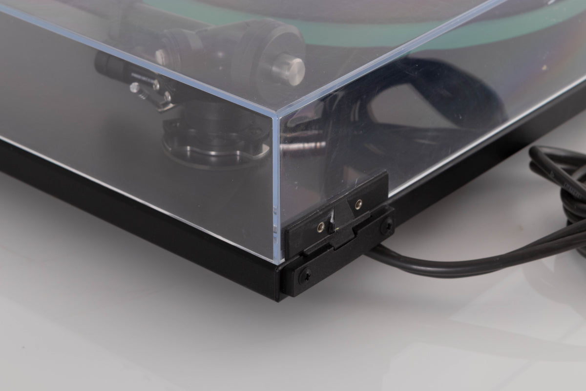 Rear left corner view of a used Rega RP3 Turntable in Cool Grey with AT-VM95SH Cartridge