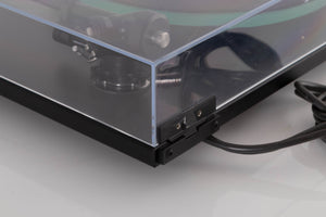 Rear left corner view of a used Rega RP3 Turntable in Cool Grey with AT-VM95SH Cartridge