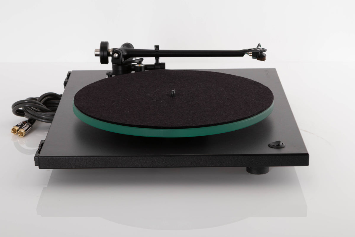 Side view of a used Rega RP3 Turntable in Cool Grey with AT-VM95SH Cartridge