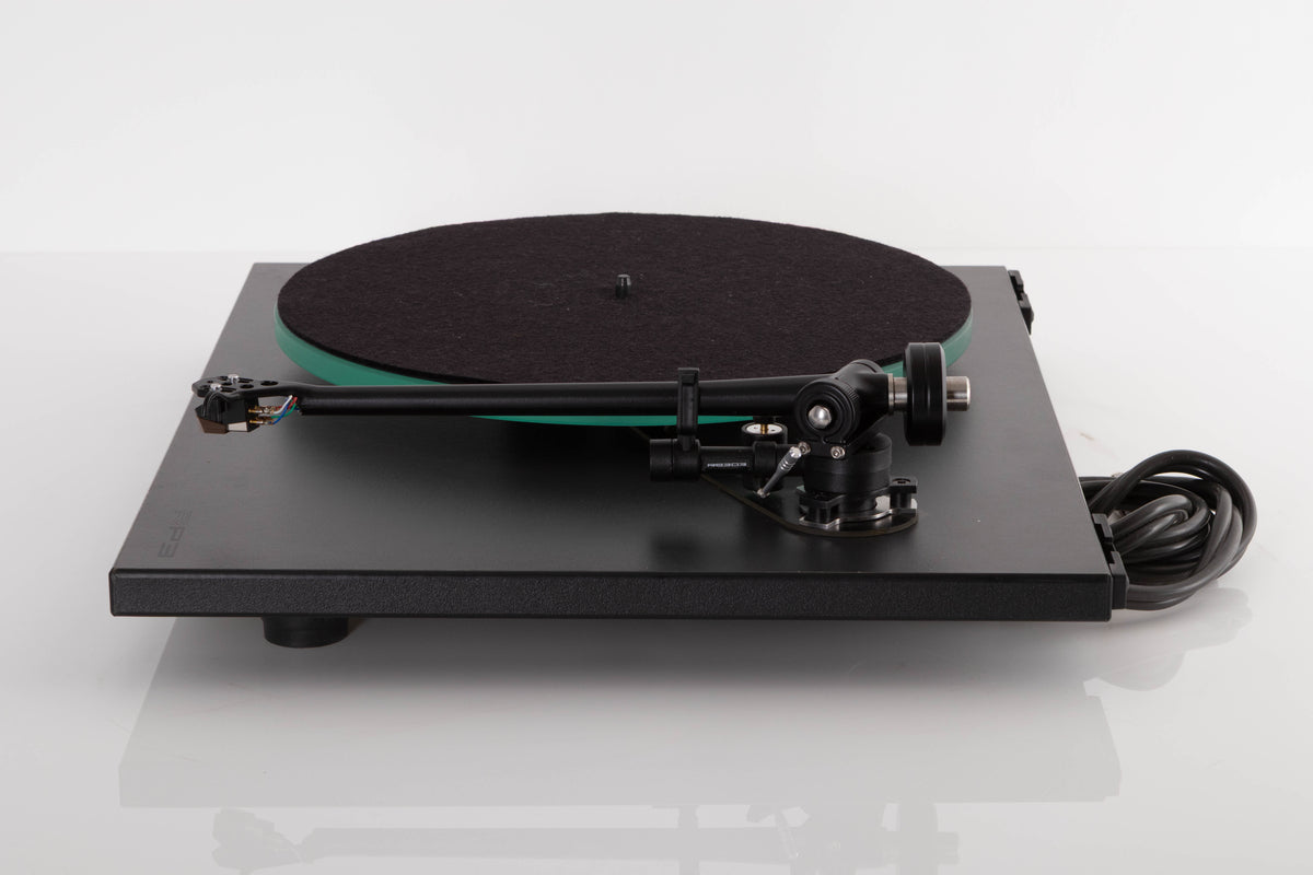 Side view of a used Rega RP3 Turntable in Cool Grey with AT-VM95SH Cartridge