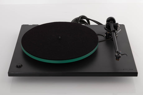 Top view of a used Rega RP3 Turntable in Cool Grey with AT-VM95SH Cartridge