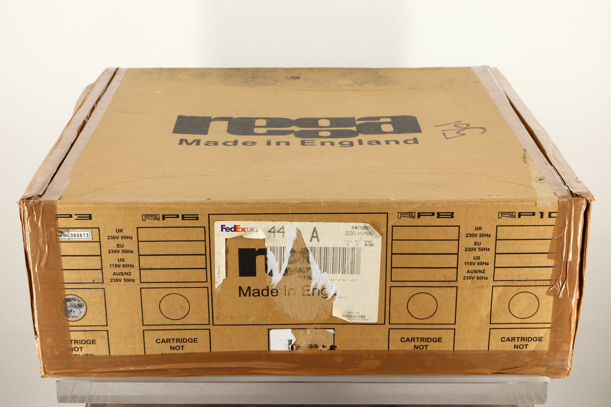 Box of a used Rega RP3 Turntable in Black finish with Elys Cartridge