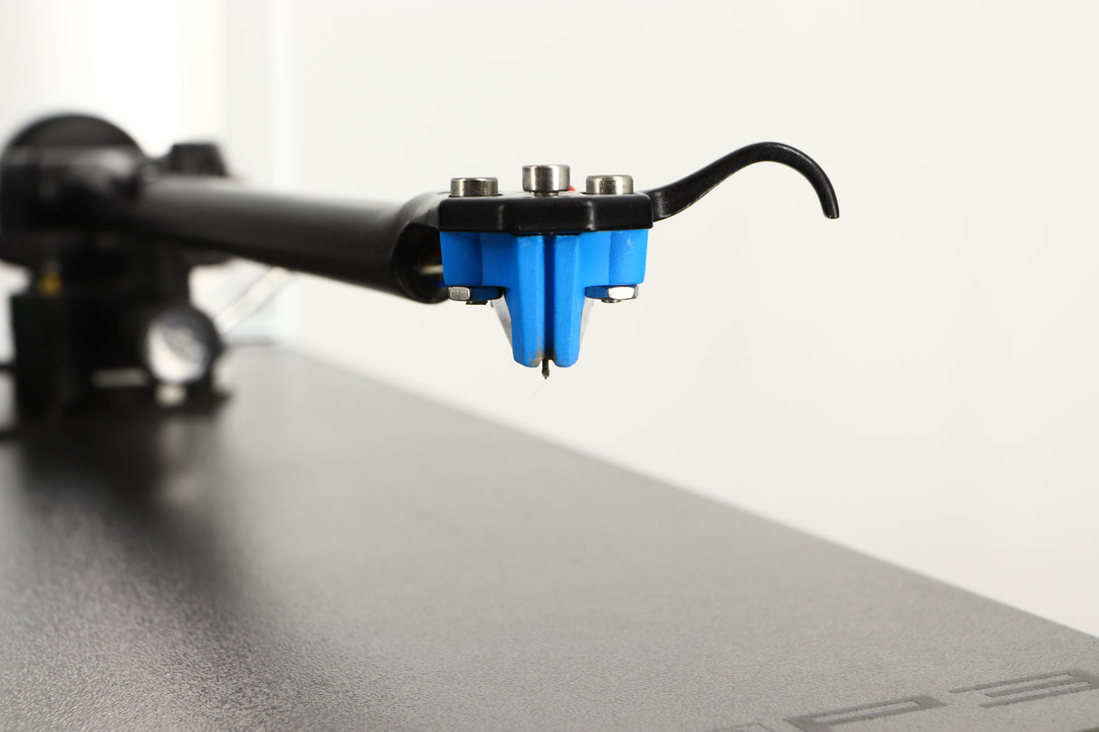 Close up view of a used Rega RP3 Turntable in Black finish with Elys Cartridge