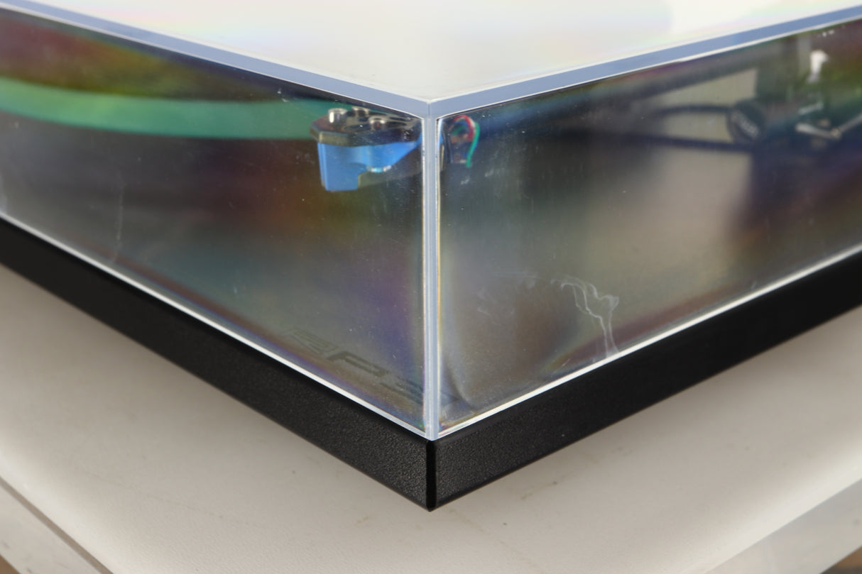 Front right corner view of a used Rega RP3 Turntable in Black finish with Elys Cartridge