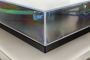 Front right corner view of a used Rega RP3 Turntable in Black finish with Elys Cartridge