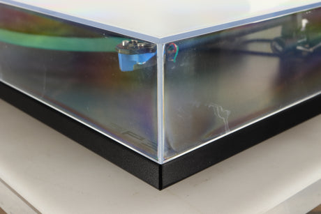 Front right corner view of a used Rega RP3 Turntable in Black finish with Elys Cartridge