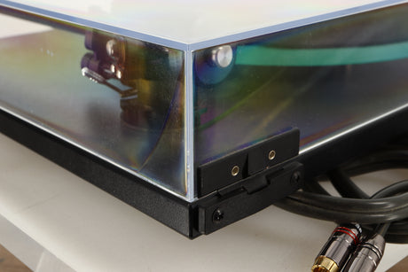 Rear left corner view of a used Rega RP3 Turntable in Black finish with Elys Cartridge