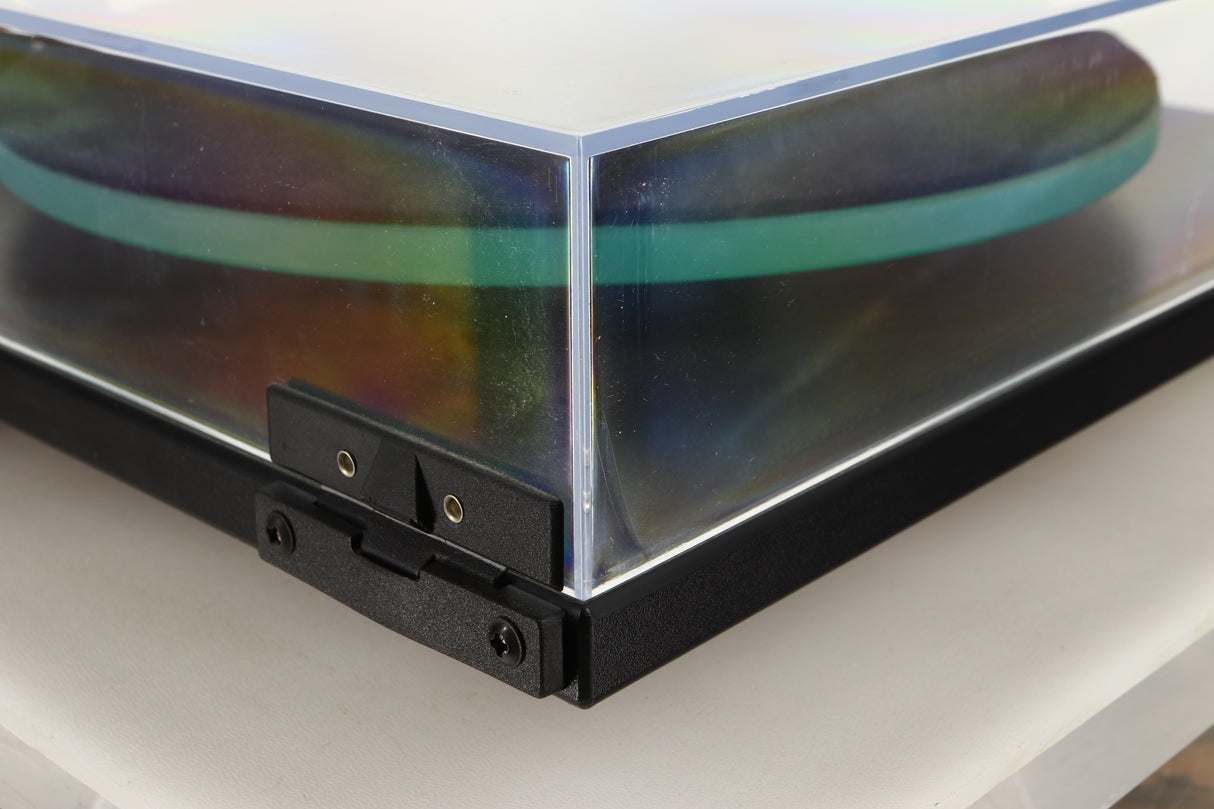 Rear right corner view of a used Rega RP3 Turntable in Black finish with Elys Cartridge