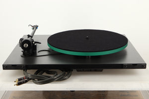 Rear view of a used Rega RP3 Turntable in Black finish with Elys Cartridge