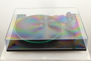 Top view of a used Rega RP3 Turntable in Black finish with Elys Cartridge