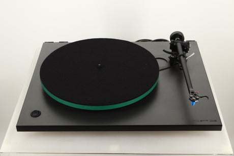 Top view of a used Rega RP3 Turntable in Black finish with Elys Cartridge