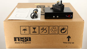 Box for a used Rega RP40 Anniversary Edition Turntable / Exact Cartridge in a titanium finish showing Manual, DIN Cable, PSU and TTPSU
