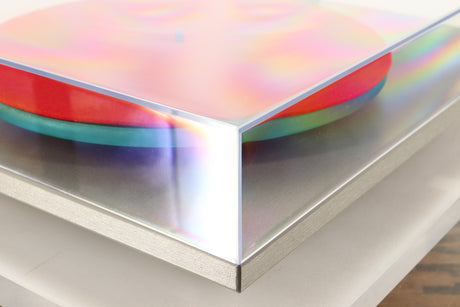 Front left corner of a used Rega RP40 Anniversary Edition Turntable / Exact Cartridge in a titanium finish