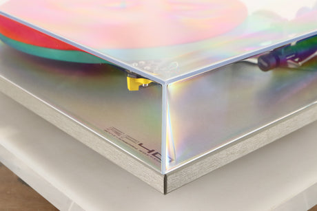Front right corner of a used Rega RP40 Anniversary Edition Turntable / Exact Cartridge in a titanium finish