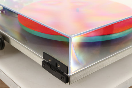 Rear left corner of a used Rega RP40 Anniversary Edition Turntable / Exact Cartridge in a titanium finish
