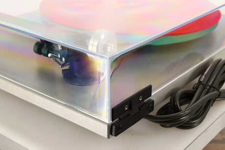 Rear right corner of a used Rega RP40 Anniversary Edition Turntable / Exact Cartridge in a titanium finish