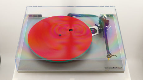 Front view of a used Rega RP40 Anniversary Edition Turntable / Exact Cartridge in a titanium finish showing lid