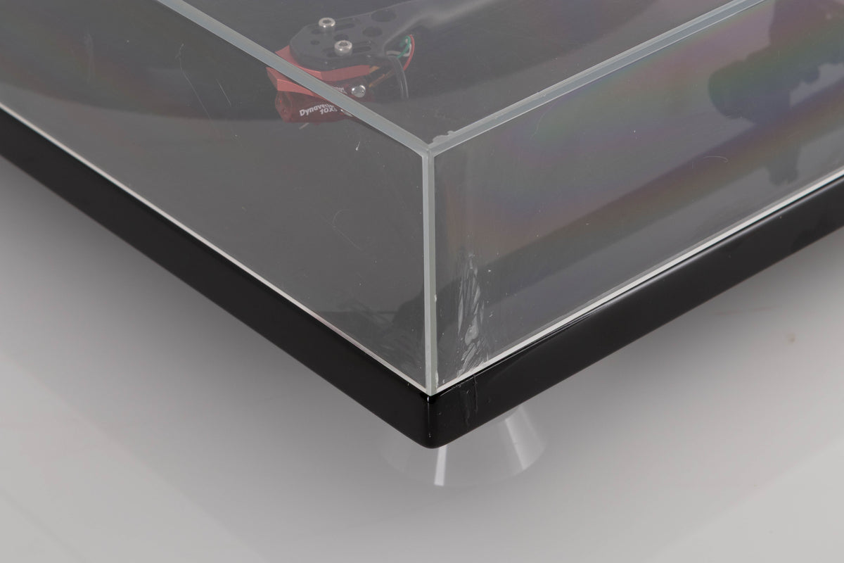 Front right corner view of a used Rega RP6 Turntable in Black with Dynavector DV-10 X5 Cartridge