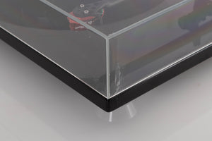 Front right corner view of a used Rega RP6 Turntable in Black with Dynavector DV-10 X5 Cartridge