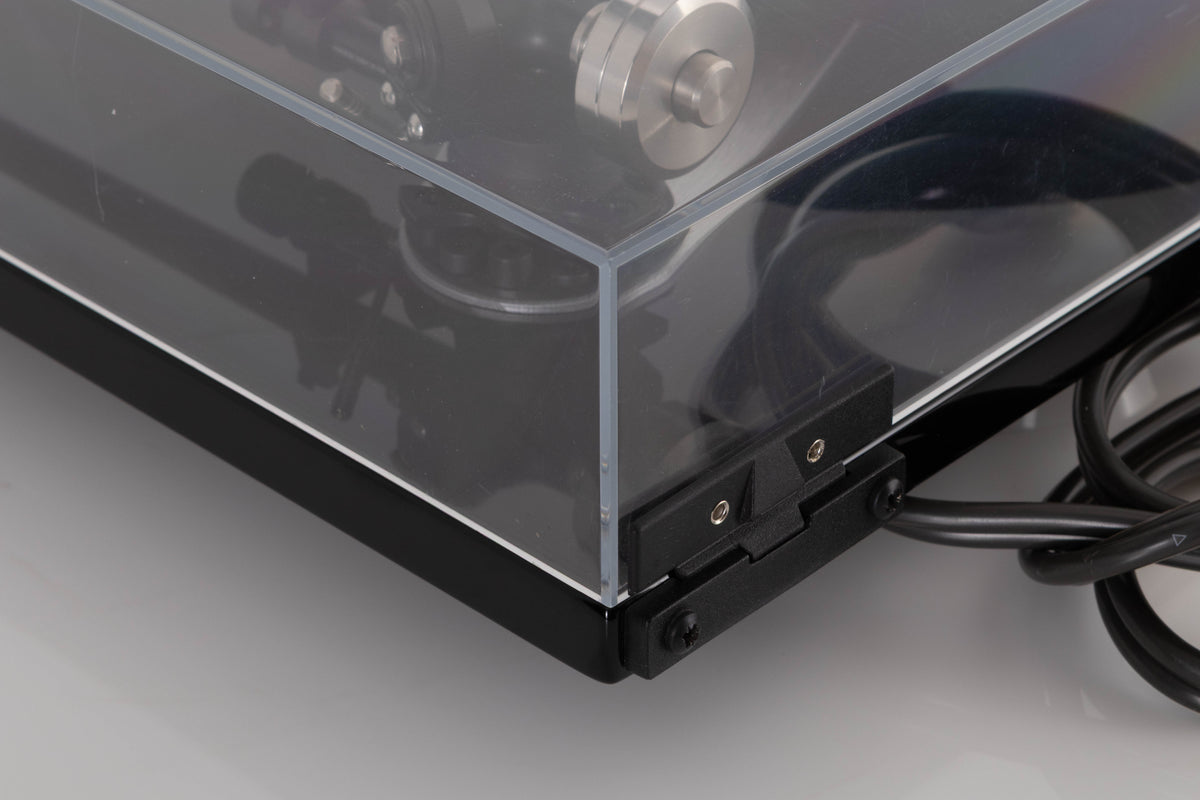 Rear left corner view of a used Rega RP6 Turntable in Black with Dynavector DV-10 X5 Cartridge